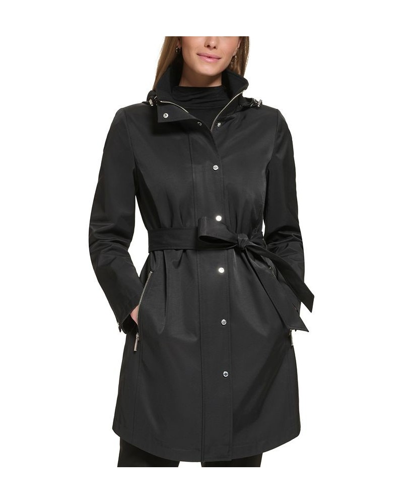 Women's Petite Zip-Front Hooded Belted Raincoat Black $50.40 Coats