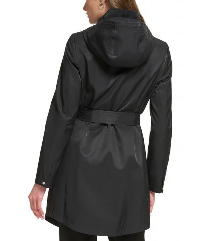 Women's Petite Zip-Front Hooded Belted Raincoat Black $50.40 Coats