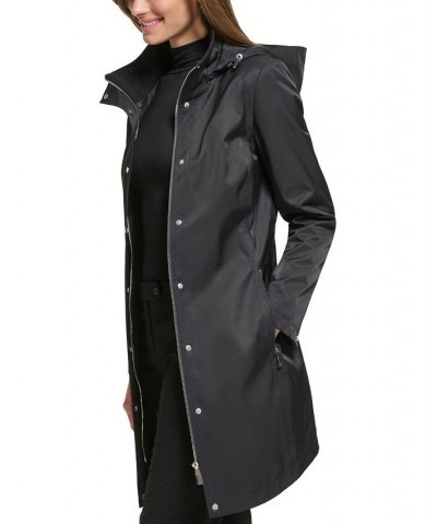 Women's Petite Zip-Front Hooded Belted Raincoat Black $50.40 Coats