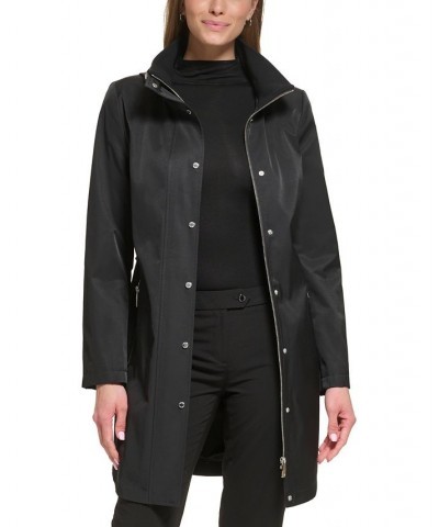 Women's Petite Zip-Front Hooded Belted Raincoat Black $50.40 Coats