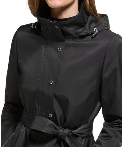 Women's Petite Zip-Front Hooded Belted Raincoat Black $50.40 Coats