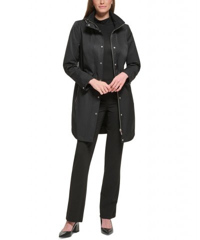 Women's Petite Zip-Front Hooded Belted Raincoat Black $50.40 Coats