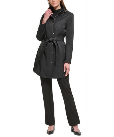 Women's Petite Zip-Front Hooded Belted Raincoat Black $50.40 Coats