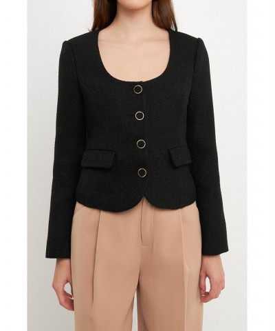Women's Solid Tweed Scooped Neck Jacket Black $61.50 Jackets