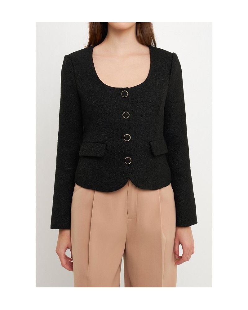 Women's Solid Tweed Scooped Neck Jacket Black $61.50 Jackets