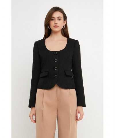 Women's Solid Tweed Scooped Neck Jacket Black $61.50 Jackets