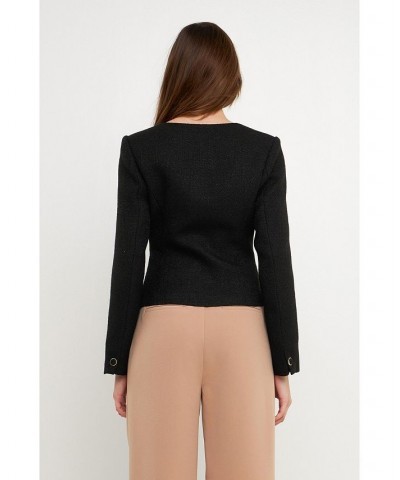 Women's Solid Tweed Scooped Neck Jacket Black $61.50 Jackets