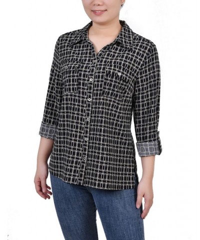 Women's 3/4 Roll Tab Shirt with Pockets Black Gold-Tone Harlie $16.32 Tops