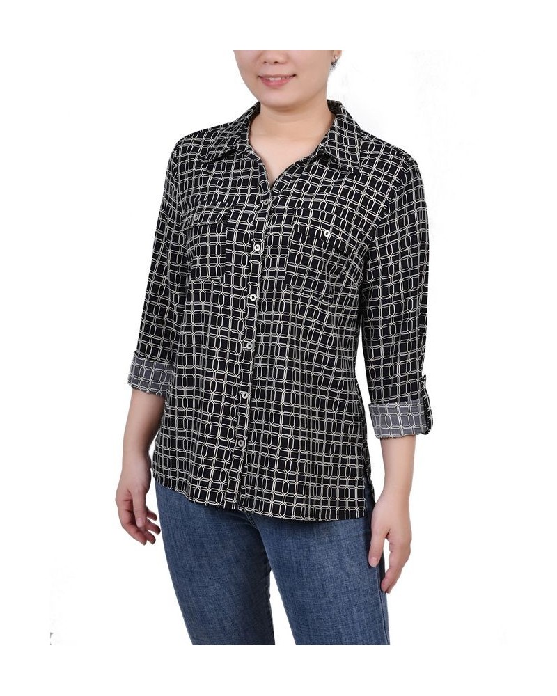 Women's 3/4 Roll Tab Shirt with Pockets Black Gold-Tone Harlie $16.32 Tops