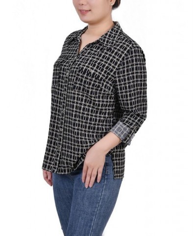 Women's 3/4 Roll Tab Shirt with Pockets Black Gold-Tone Harlie $16.32 Tops