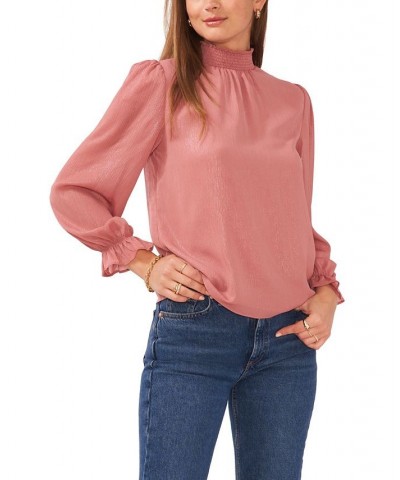 Women's Long Sleeve Smocked Neck Top Pink $29.40 Tops