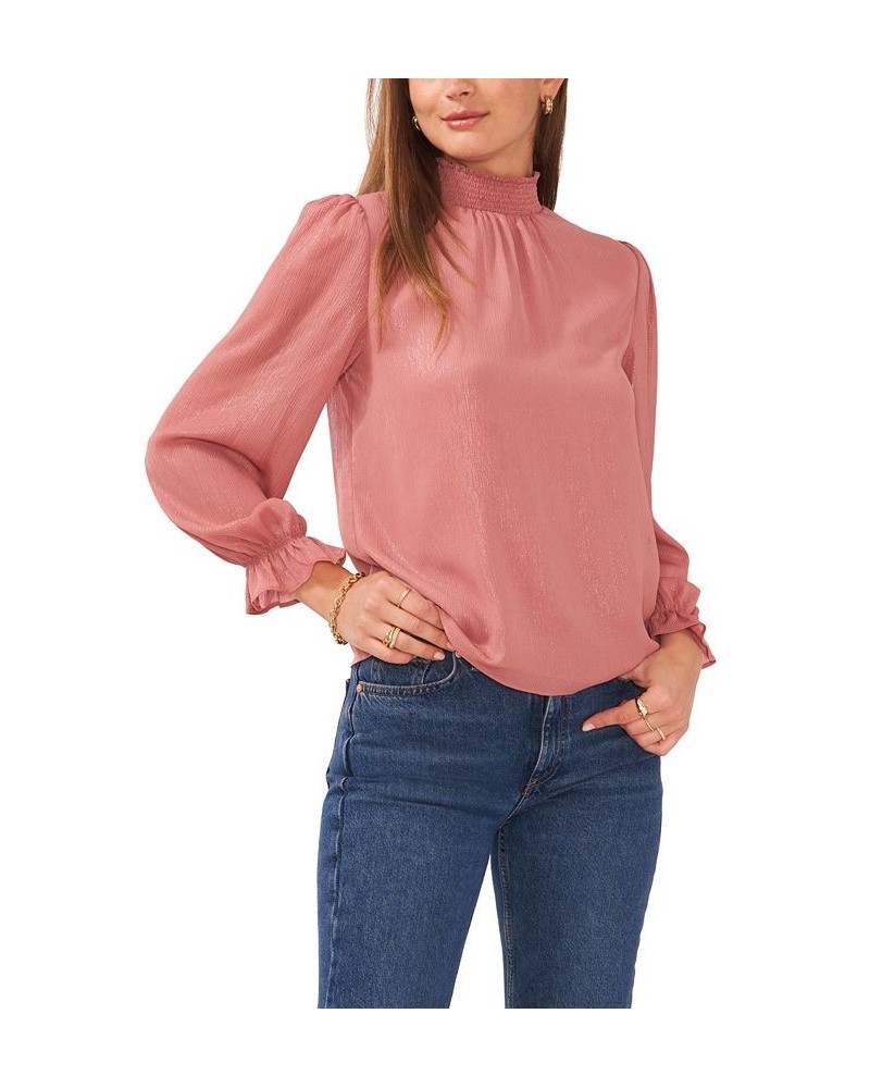 Women's Long Sleeve Smocked Neck Top Pink $29.40 Tops