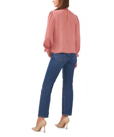 Women's Long Sleeve Smocked Neck Top Pink $29.40 Tops