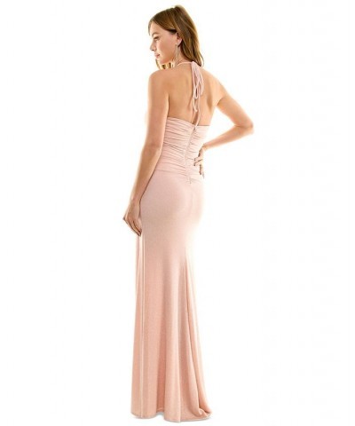 Juniors' Halter-Neck Front-Slit Ruched Gown Pink $58.05 Dresses