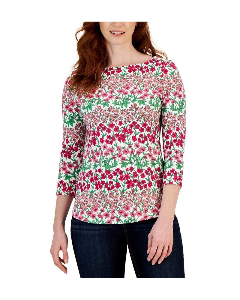 Women's Mixed-Print Boat-Neck 3/4-Sleeve Top Peony Combo $11.25 Tops