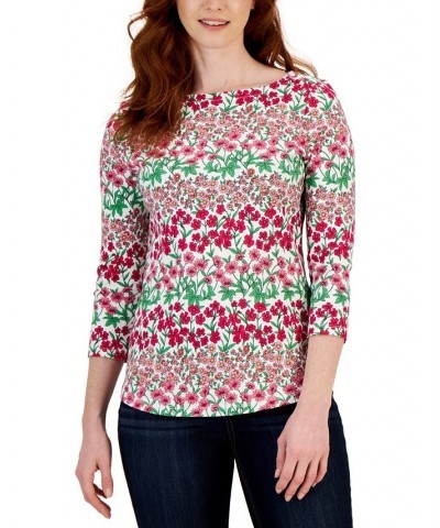 Women's Mixed-Print Boat-Neck 3/4-Sleeve Top Peony Combo $11.25 Tops