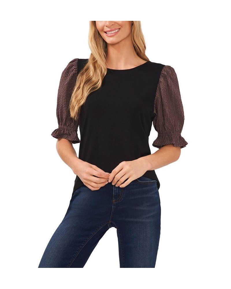 Women's Cotton Check Puff Sleeve T-shirt Rich Black $31.74 Tops