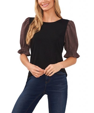 Women's Cotton Check Puff Sleeve T-shirt Rich Black $31.74 Tops