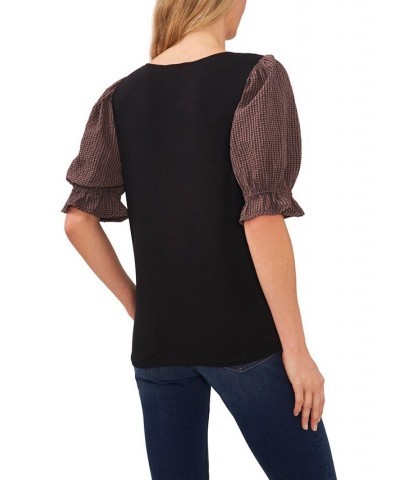 Women's Cotton Check Puff Sleeve T-shirt Rich Black $31.74 Tops