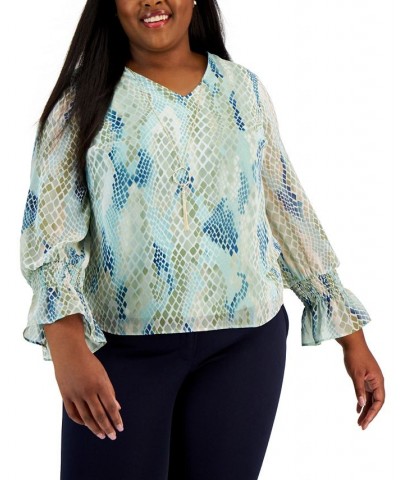 Plus Size Snake Skin Print Blouse Blue $20.05 Tops