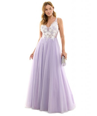 Juniors' Embroidered Embellished Gown Lilac/Off-while $95.60 Dresses