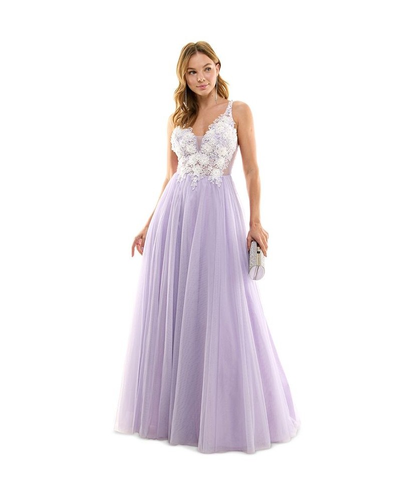 Juniors' Embroidered Embellished Gown Lilac/Off-while $95.60 Dresses