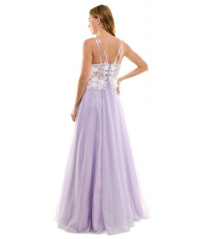 Juniors' Embroidered Embellished Gown Lilac/Off-while $95.60 Dresses