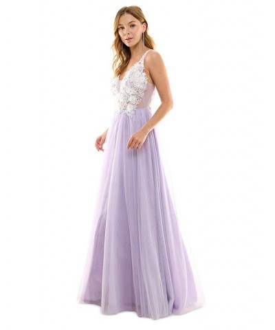 Juniors' Embroidered Embellished Gown Lilac/Off-while $95.60 Dresses