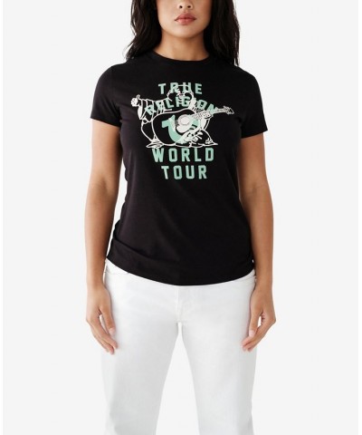 Women's Flocked Buddha Slim Crew Neck T-shirt Black $22.25 Tops