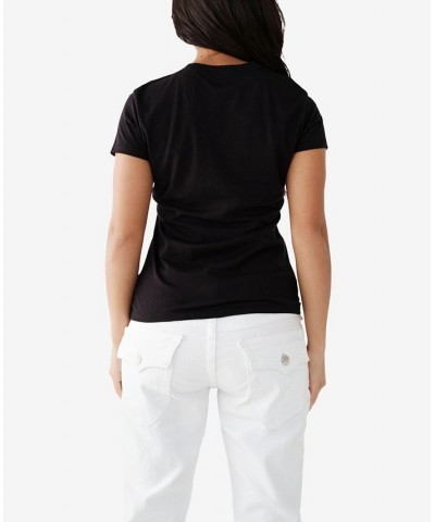 Women's Flocked Buddha Slim Crew Neck T-shirt Black $22.25 Tops