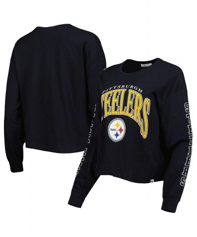 Women's Black Pittsburgh Steelers Skyler Parkway Cropped Long Sleeve T-shirt Black $24.08 Tops