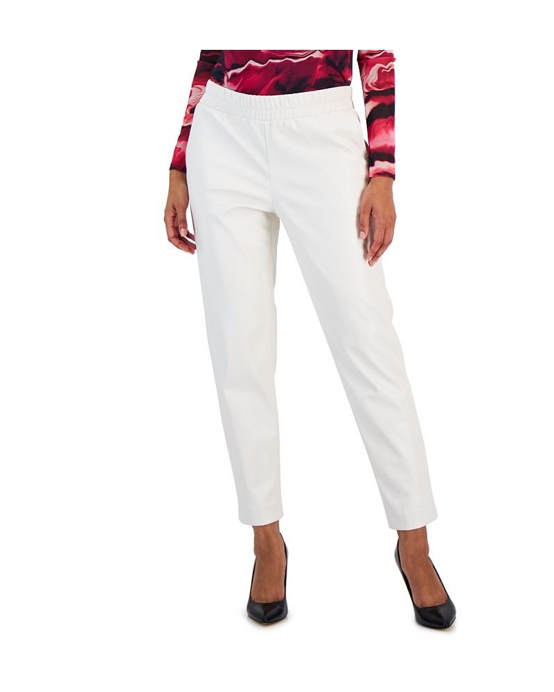 Women's Faux-Leather Pull-On Cinched-Waist Slim Ankle Pants Anne White $36.09 Pants