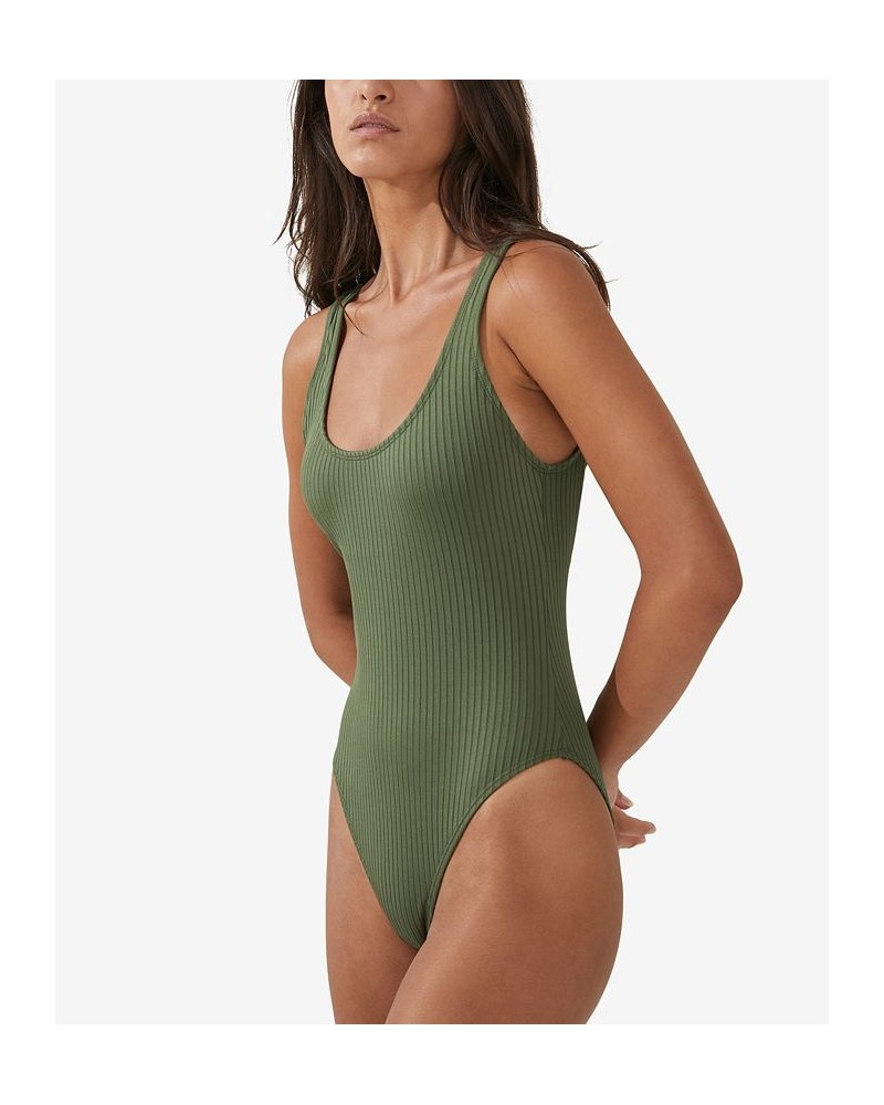 Women's Scoop-Back Ribbed One-Piece Swimsuit Khaki Wide Rib $26.49 Swimsuits