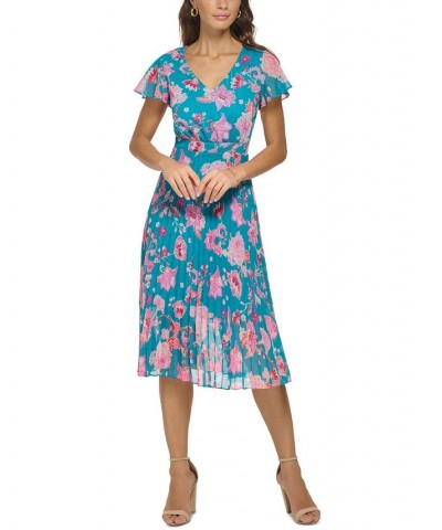Women's Floral-Print Pleated Midi Dress Teal Multi $59.34 Dresses