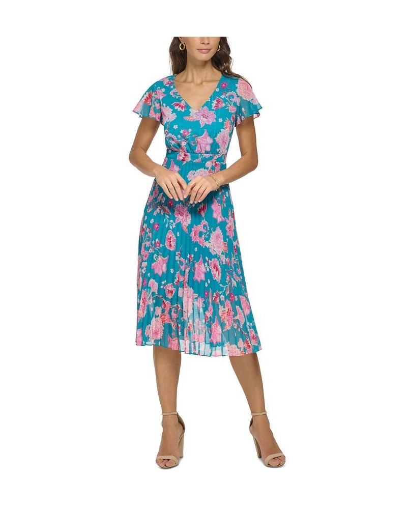 Women's Floral-Print Pleated Midi Dress Teal Multi $59.34 Dresses