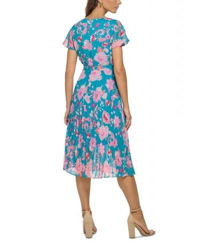 Women's Floral-Print Pleated Midi Dress Teal Multi $59.34 Dresses