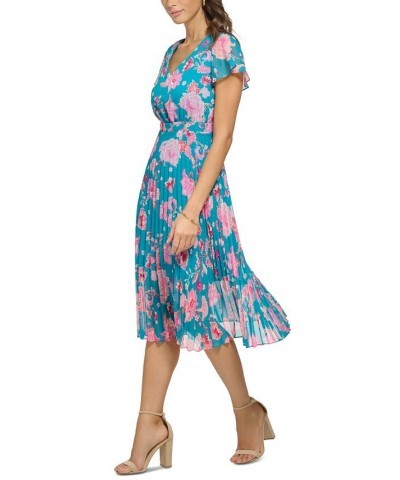 Women's Floral-Print Pleated Midi Dress Teal Multi $59.34 Dresses