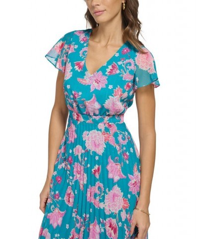 Women's Floral-Print Pleated Midi Dress Teal Multi $59.34 Dresses