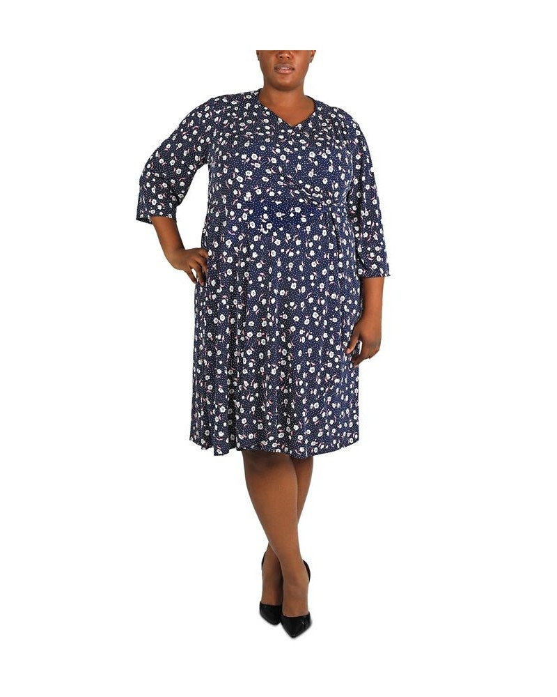 Plus Size Printed 3/4-Sleeve Jersey Midi Dress Navy Pink $39.16 Dresses