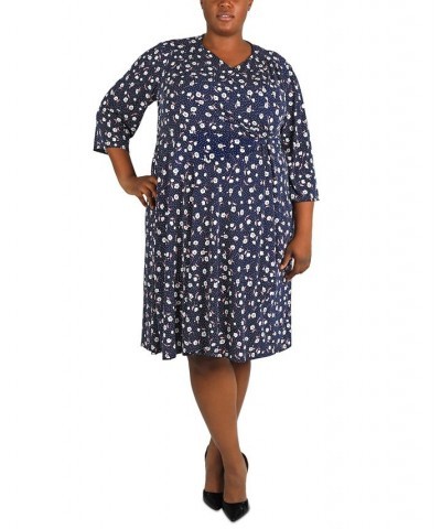 Plus Size Printed 3/4-Sleeve Jersey Midi Dress Navy Pink $39.16 Dresses