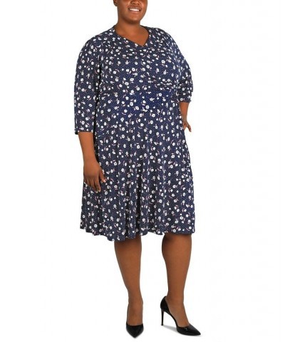 Plus Size Printed 3/4-Sleeve Jersey Midi Dress Navy Pink $39.16 Dresses