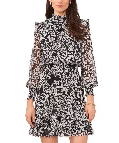 Women's Printed Blouson-Sleeve Smocked-Waist Fit & Flare Dress Black $43.61 Dresses