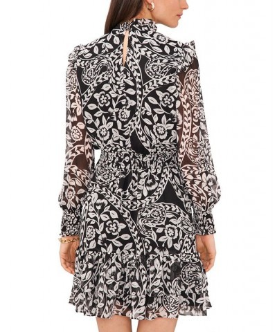 Women's Printed Blouson-Sleeve Smocked-Waist Fit & Flare Dress Black $43.61 Dresses