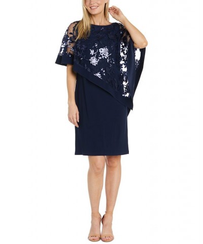 Women's Sequined Floral-Lace Poncho Dress Navy $40.46 Dresses