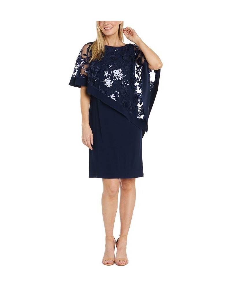 Women's Sequined Floral-Lace Poncho Dress Navy $40.46 Dresses