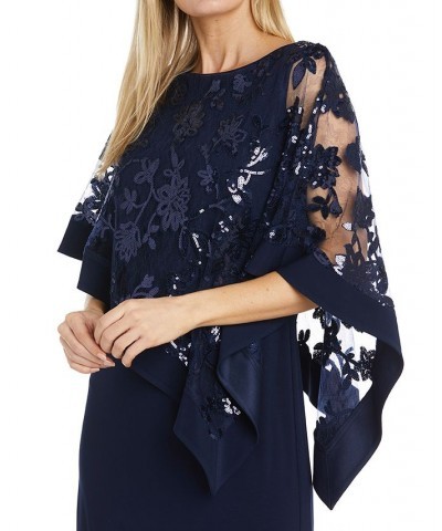 Women's Sequined Floral-Lace Poncho Dress Navy $40.46 Dresses