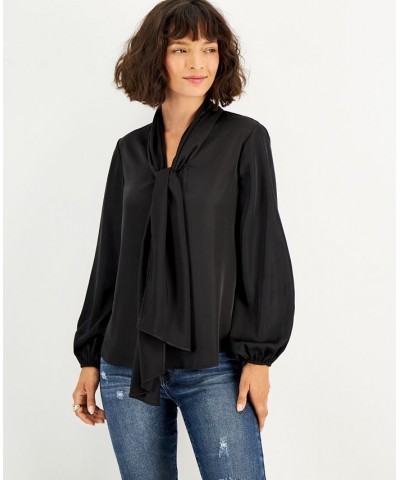 Women's Bow-Tie Long-Sleeve Blouse Black $37.13 Tops