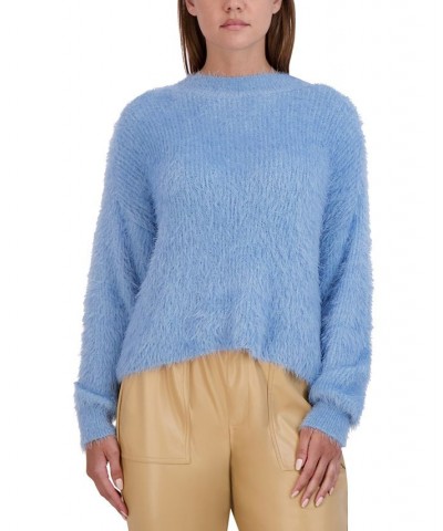 Women's Fuzzy Pullover Crewneck Sweater Blue $30.77 Sweaters