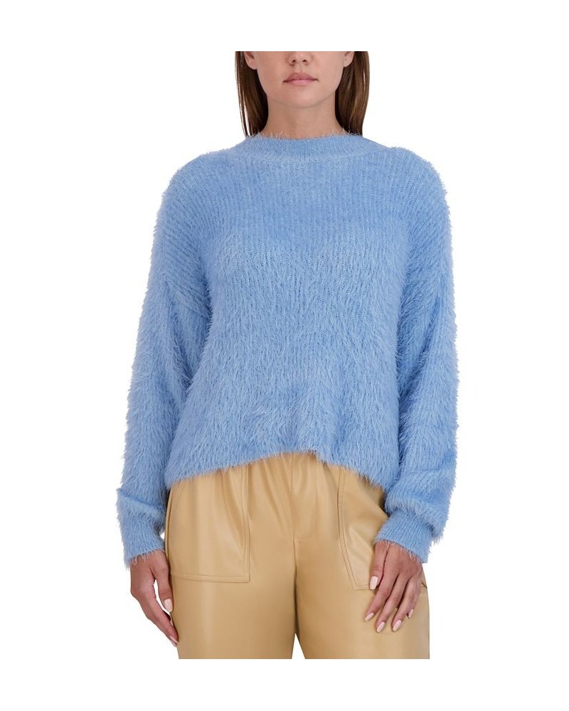 Women's Fuzzy Pullover Crewneck Sweater Blue $30.77 Sweaters