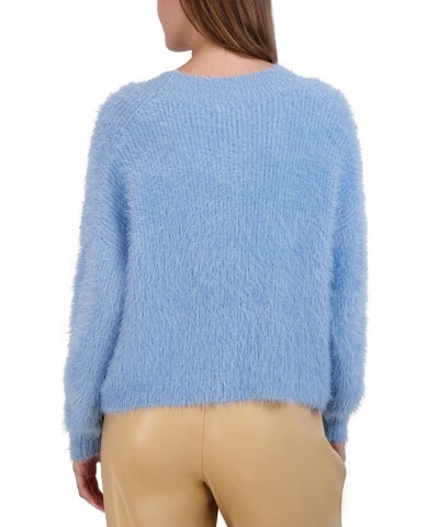 Women's Fuzzy Pullover Crewneck Sweater Blue $30.77 Sweaters